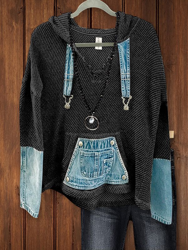 Casual Denim Patchwork Knitted Hoodie